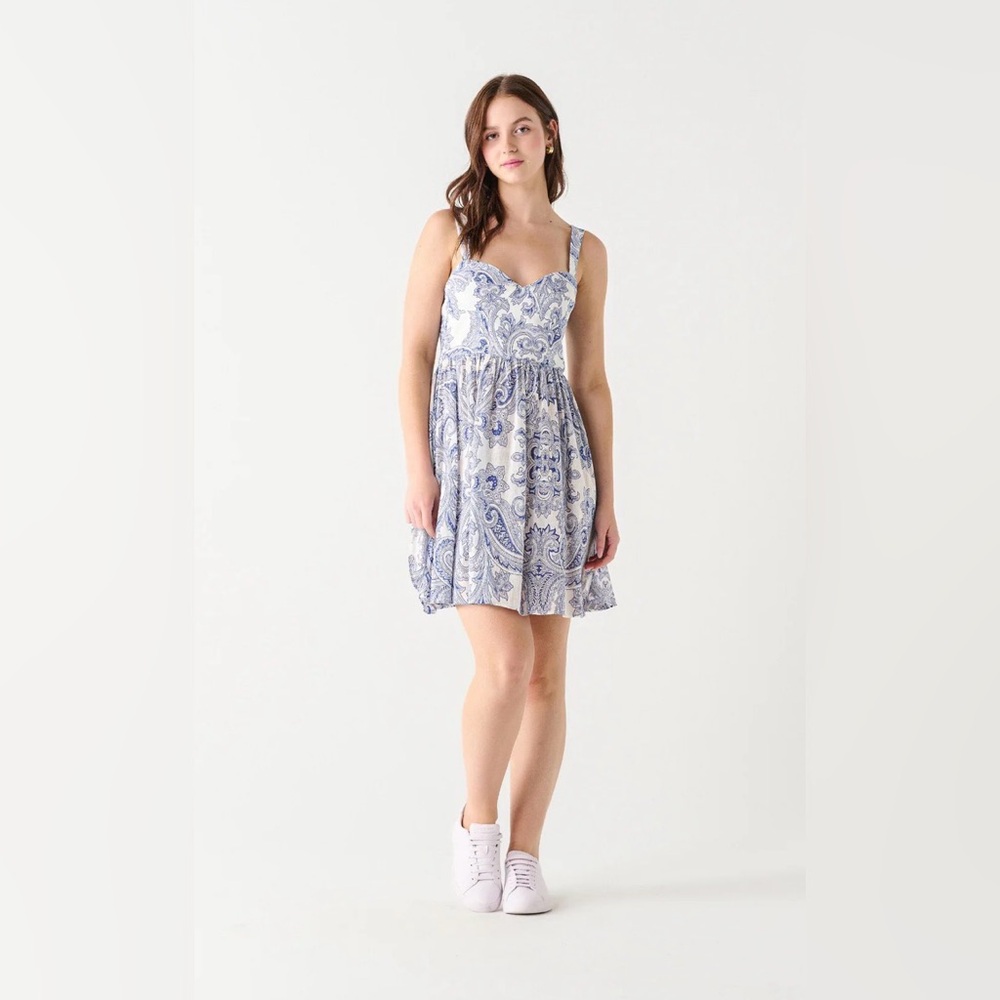 Sweetheart Neckline Blue Paisley Mini Dress